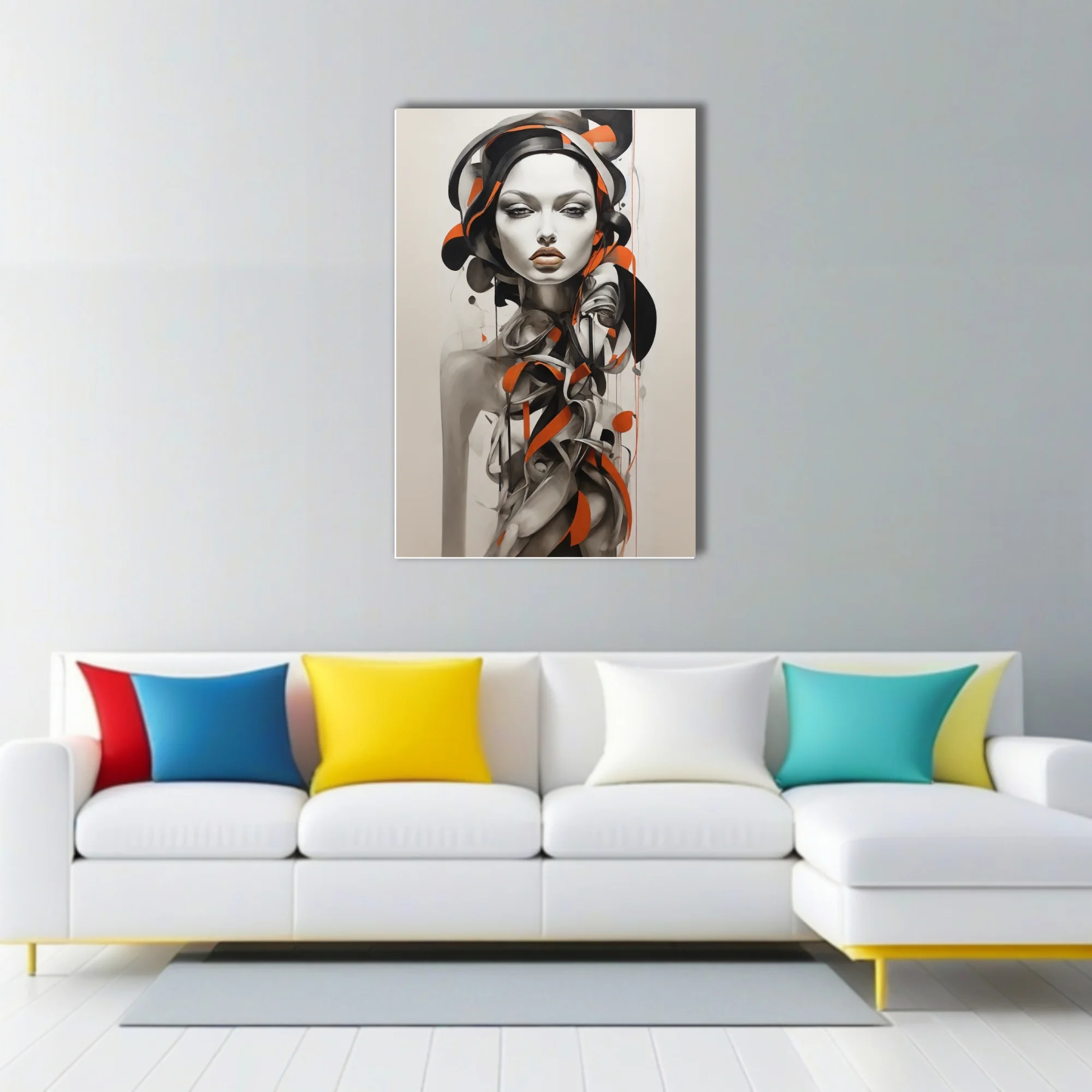 Abstract portrait of a figure in black, white and orange graphic ink-style