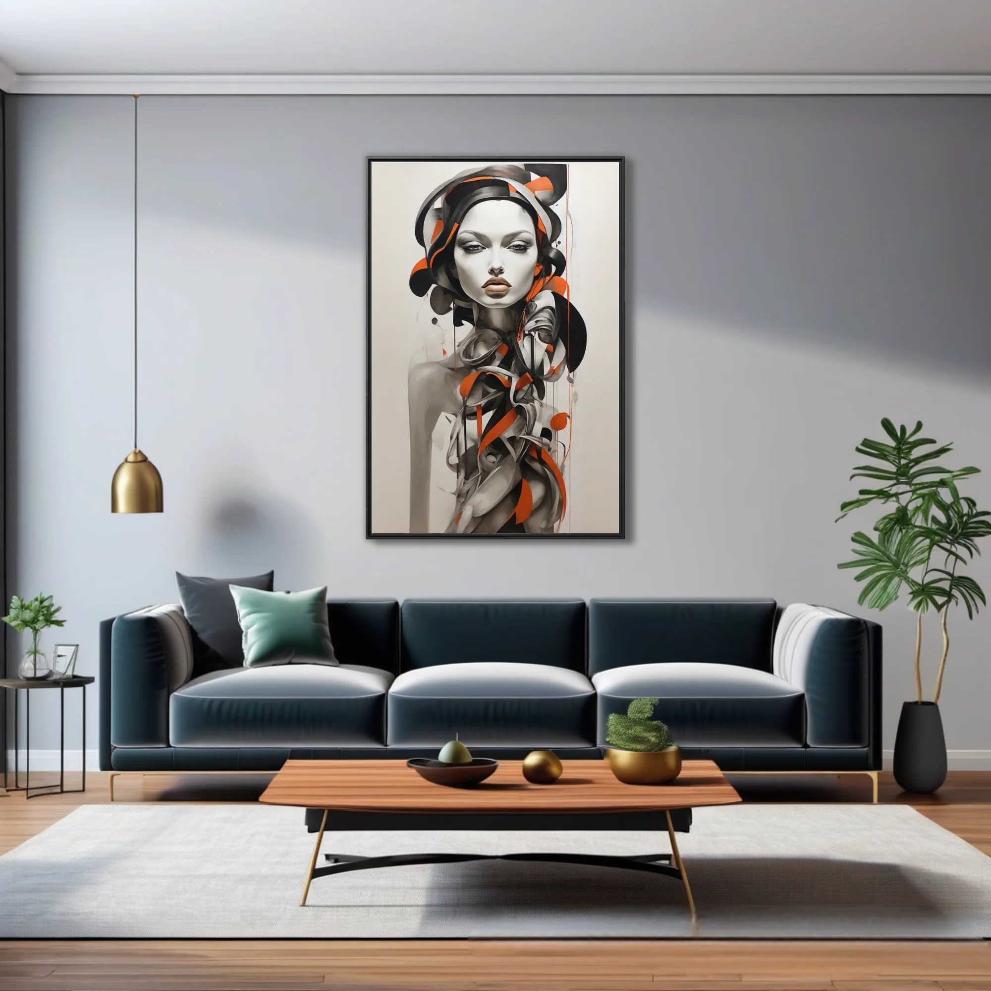 Abstract portrait of a figure in black, white and orange graphic ink-style