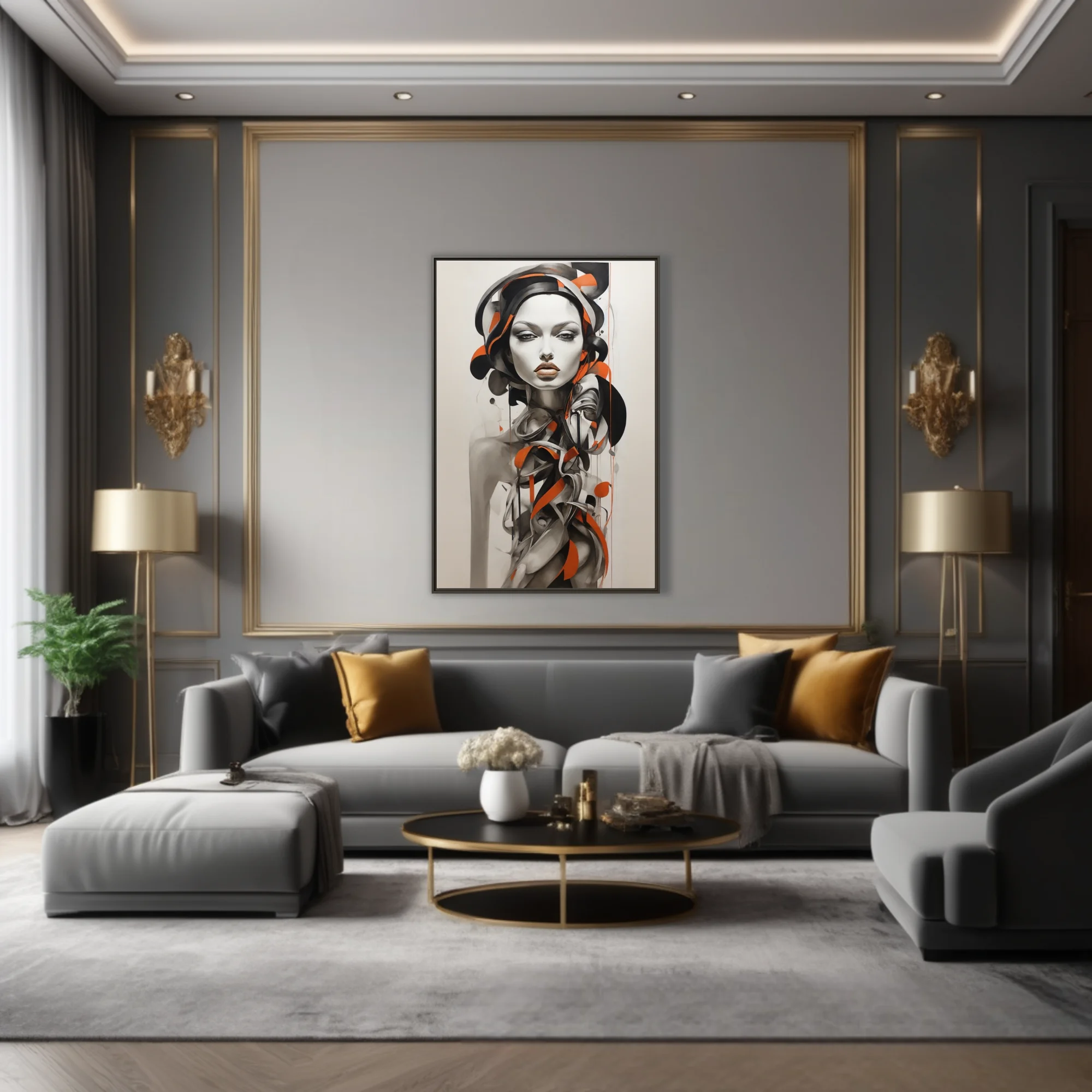 Abstract portrait of a figure in black, white and orange graphic ink-style