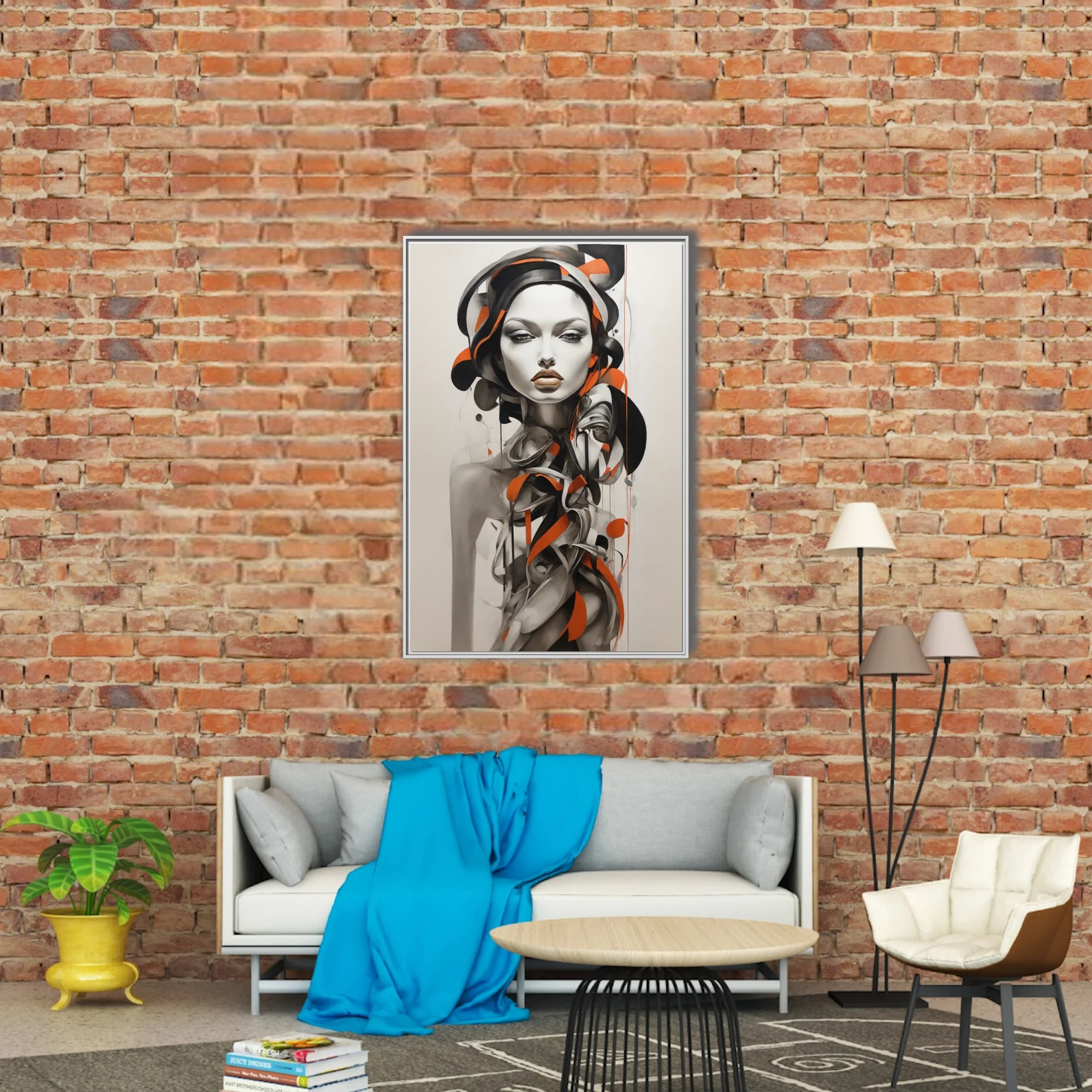 Abstract portrait of a figure in black, white and orange graphic ink-style