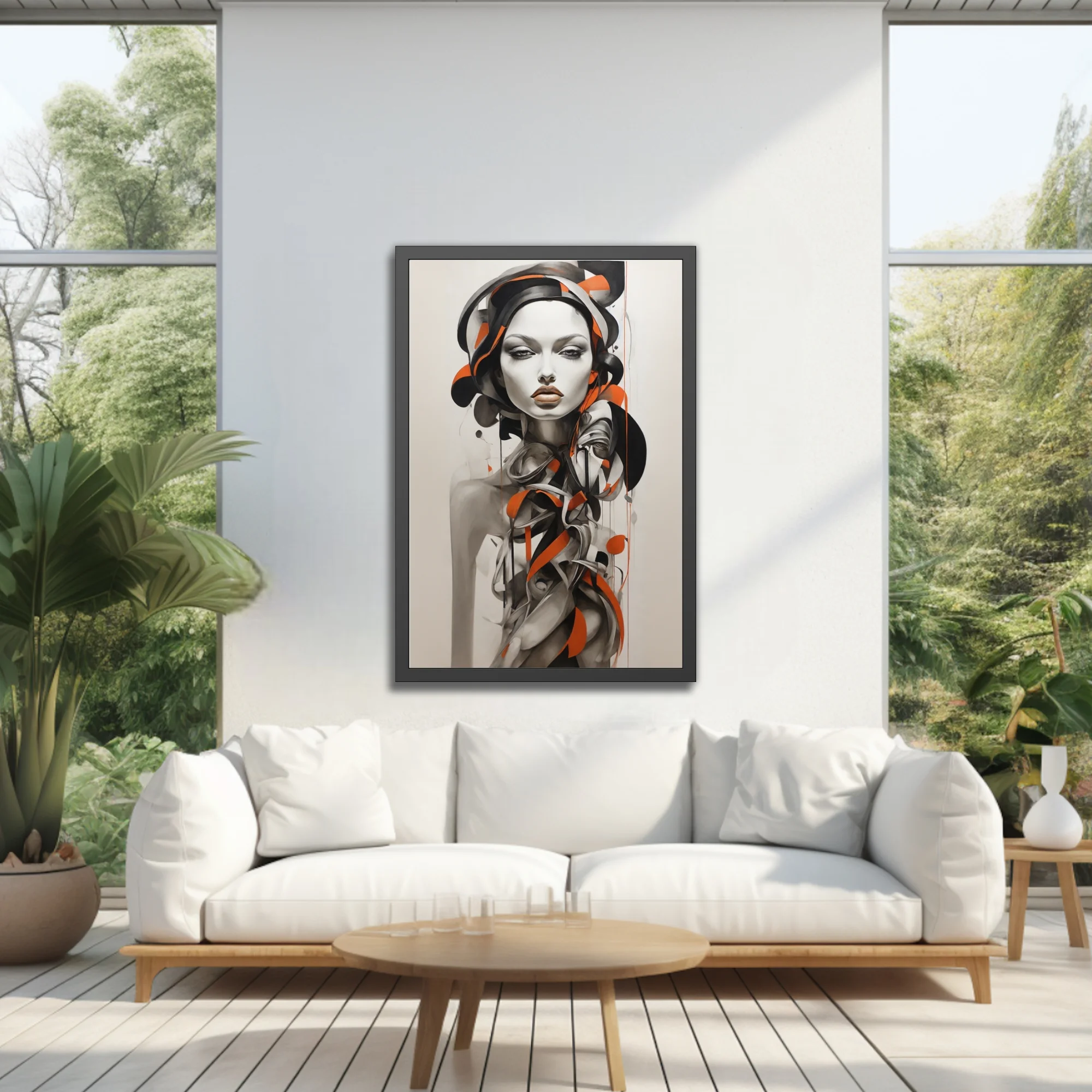 Abstract portrait of a figure in black, white and orange graphic ink-style
