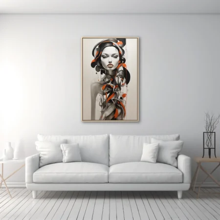 Abstract portrait of a figure in black, white and orange graphic ink-style