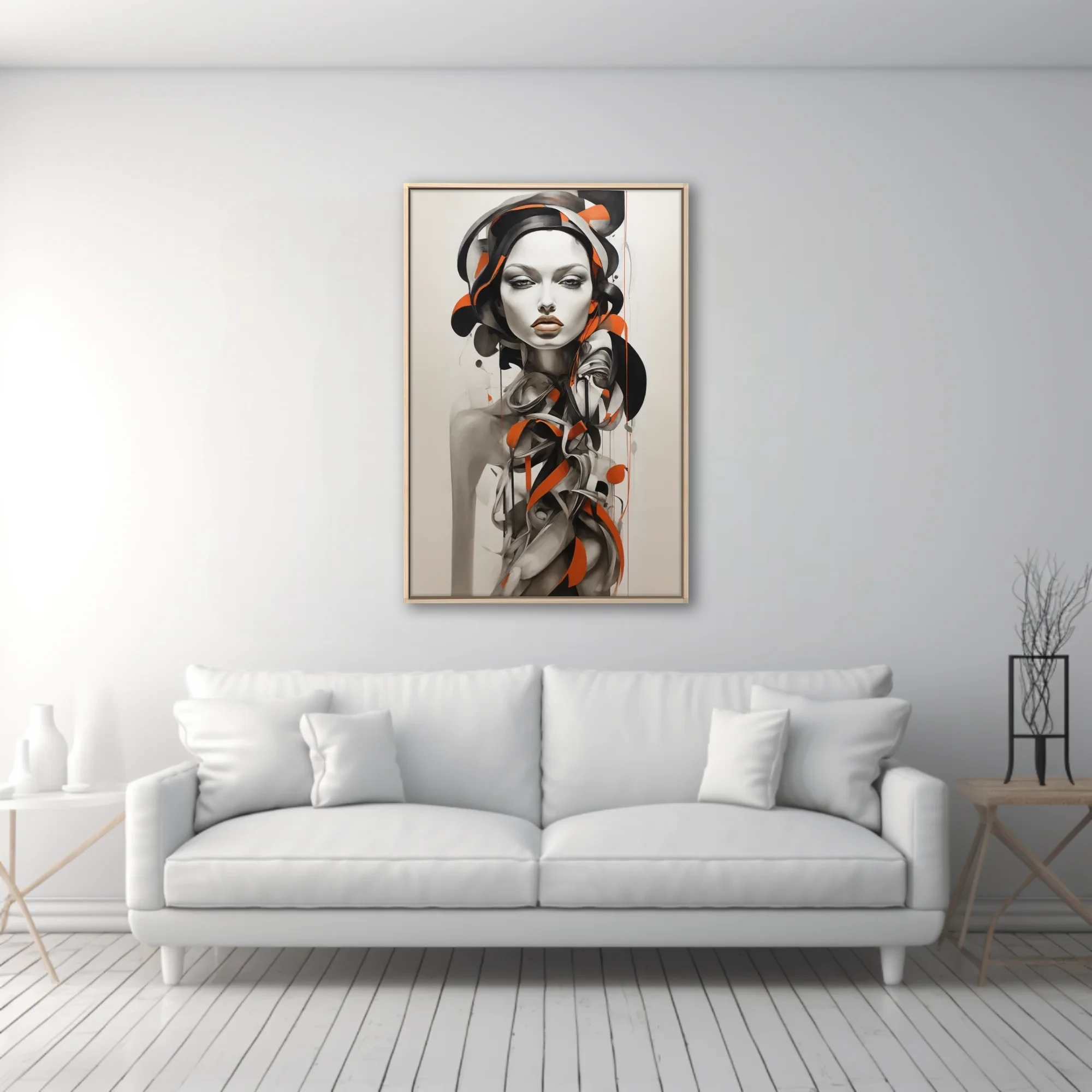 Abstract portrait of a figure in black, white and orange graphic ink-style