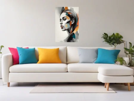 Geometric abstract woman portrait, monochrome with orange and teal planes