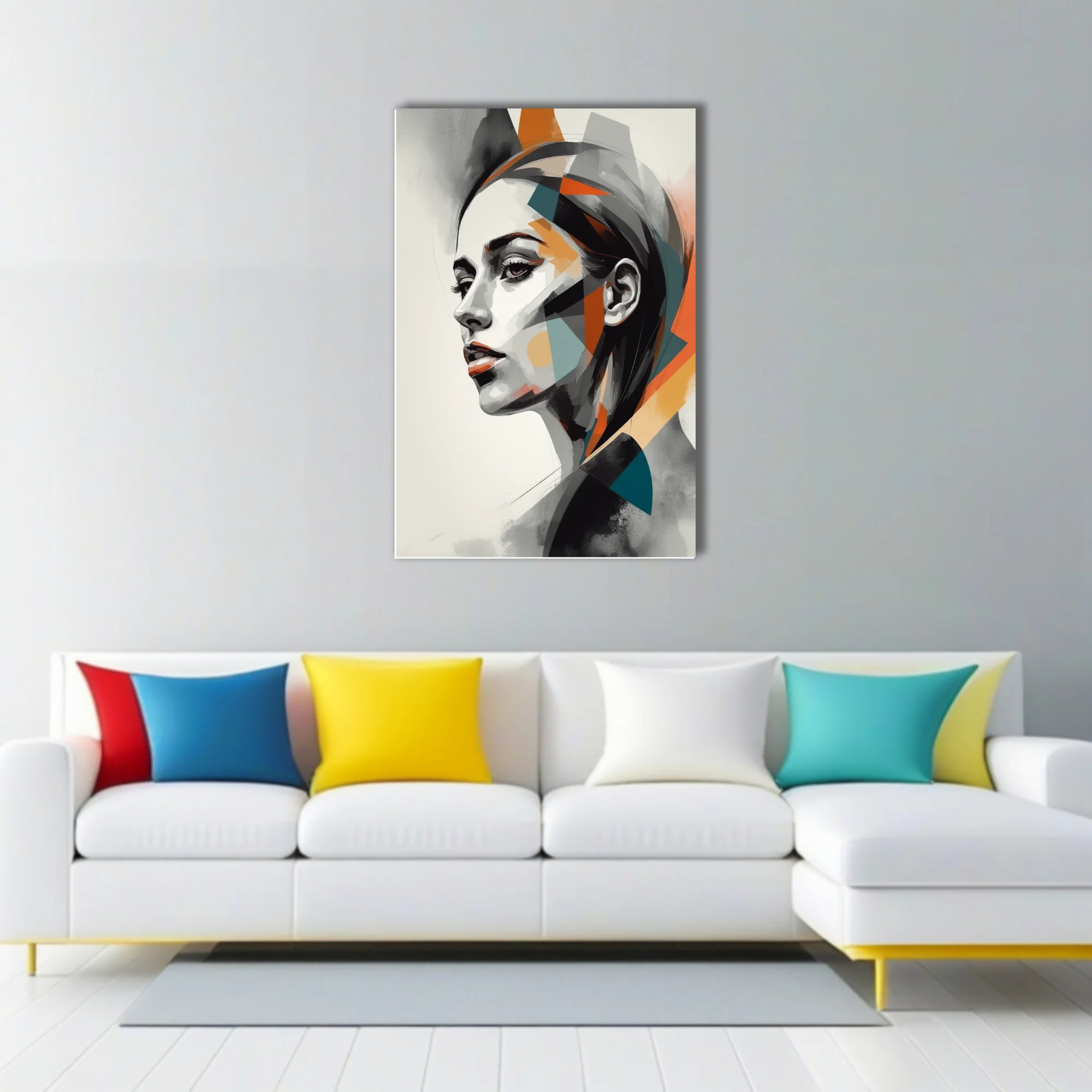 Geometric abstract woman portrait, monochrome with orange and teal planes