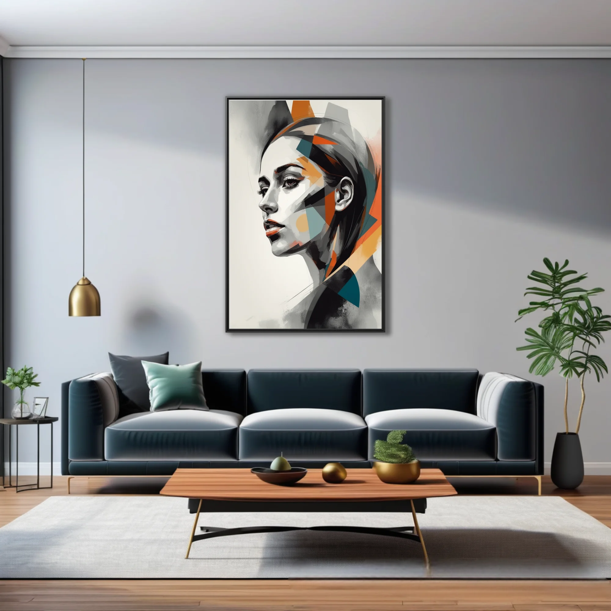 Geometric abstract woman portrait, monochrome with orange and teal planes