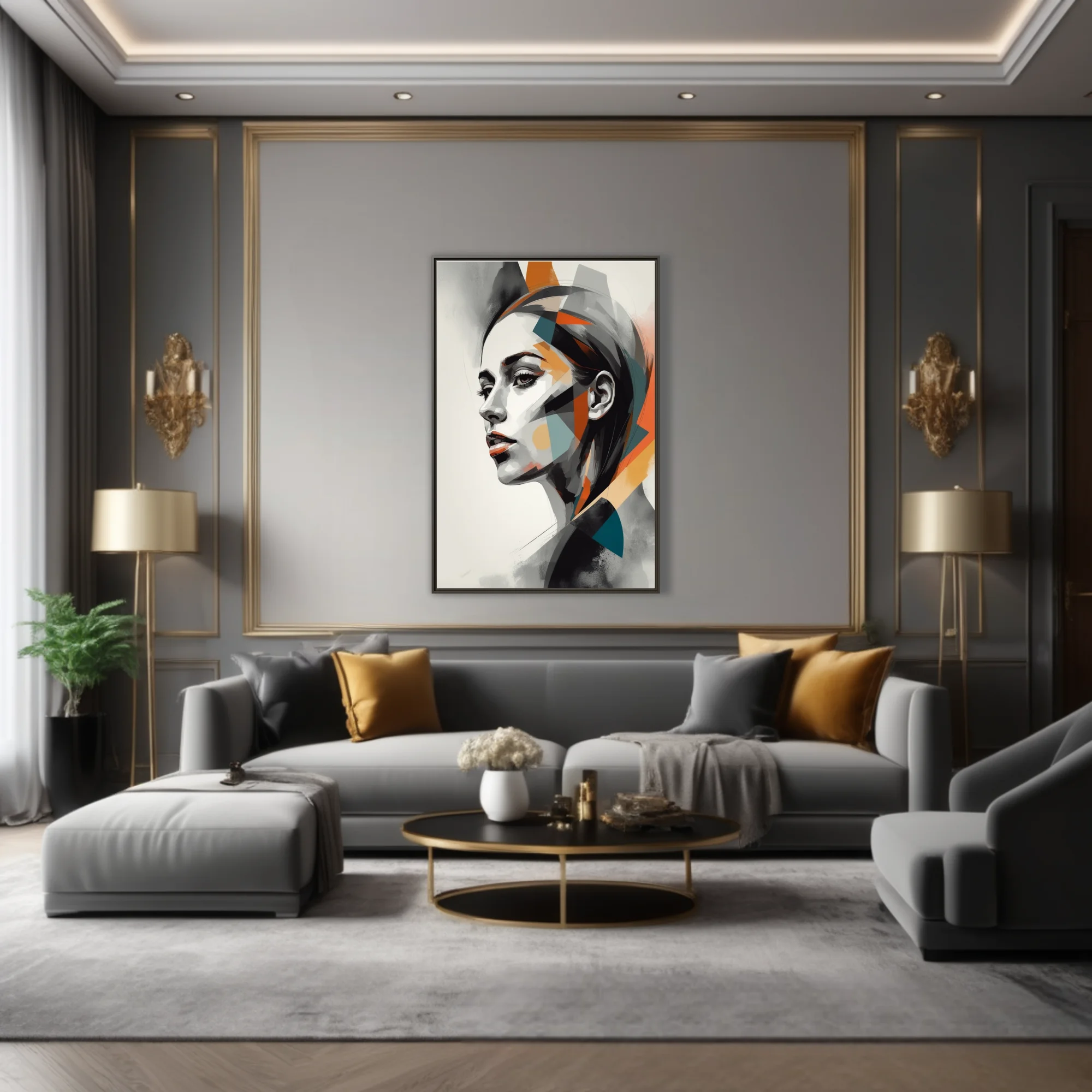 Geometric abstract woman portrait, monochrome with orange and teal planes