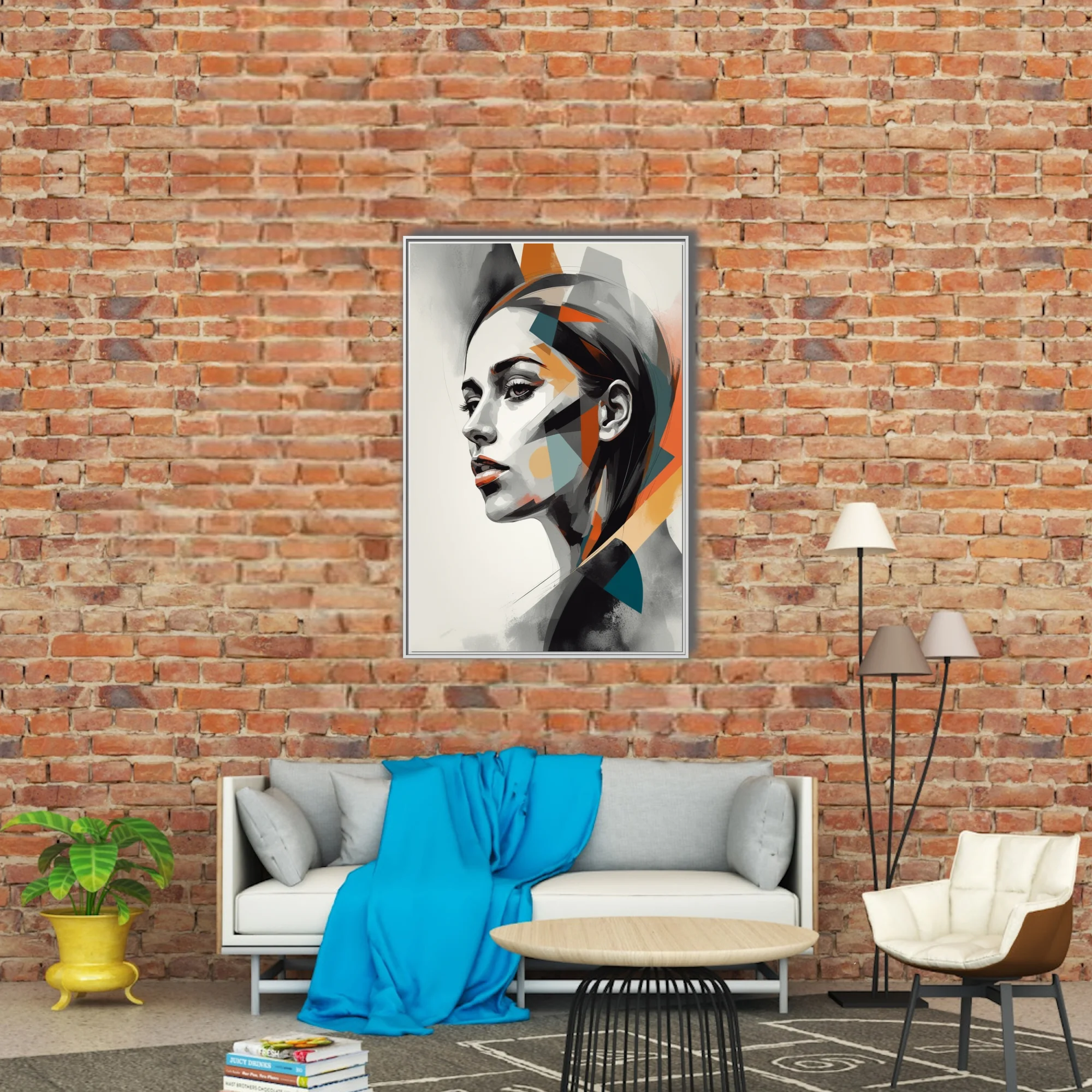 Geometric abstract woman portrait, monochrome with orange and teal planes