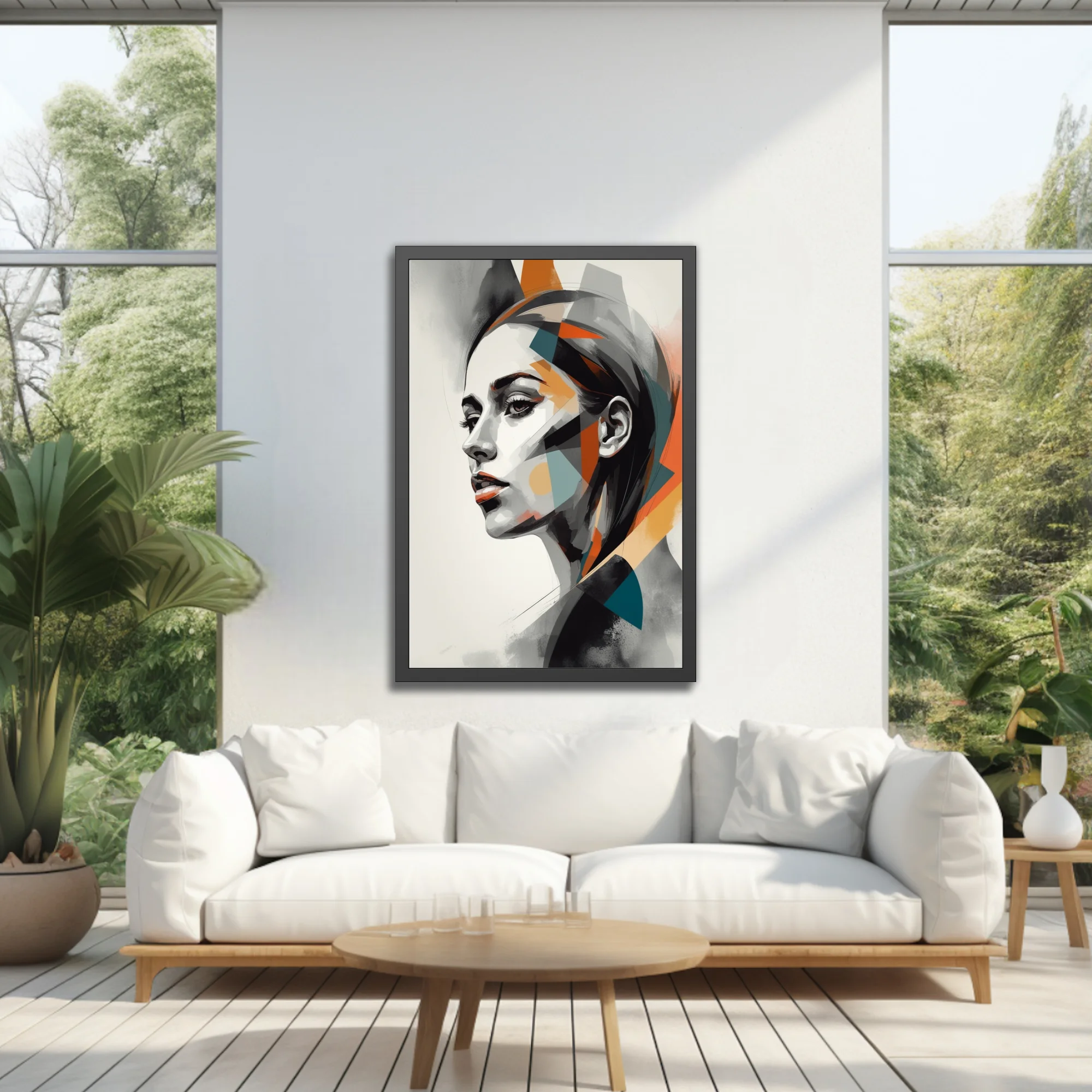 Geometric abstract woman portrait, monochrome with orange and teal planes