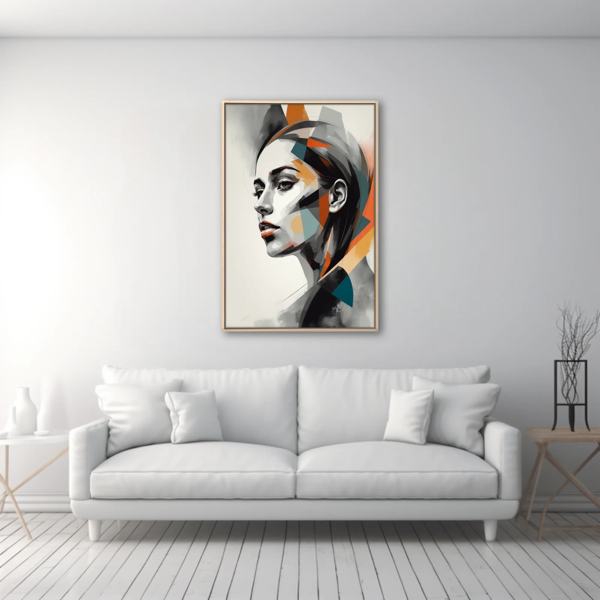 Geometric abstract woman portrait, monochrome with orange and teal planes