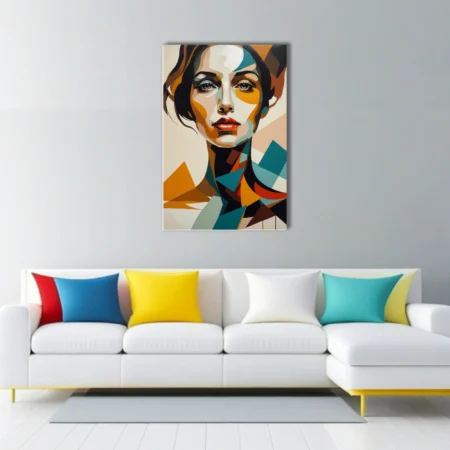 Abstract female portrait in amber, teal, and red geometric shapes