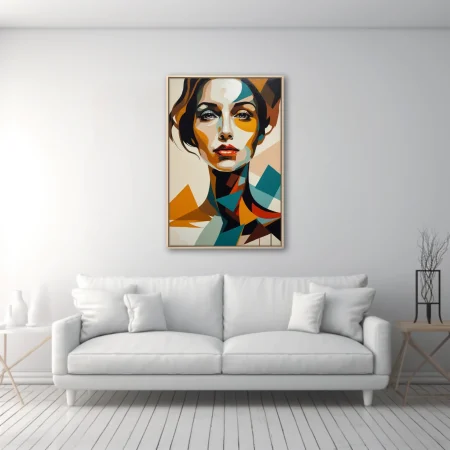 Abstract female portrait in amber, teal, and red geometric shapes