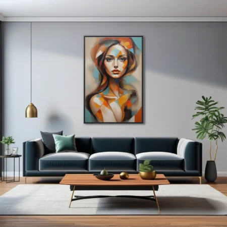 Abstract geometric woman portrait in terracotta orange and teal style