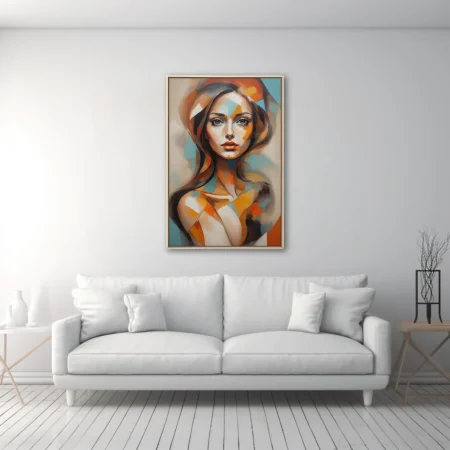 Abstract geometric woman portrait in terracotta orange and teal style
