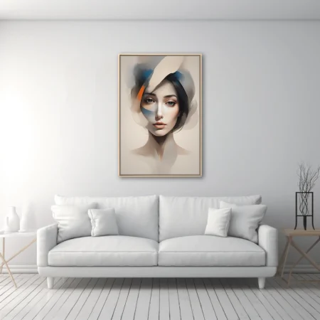 Abstract portrait study with translucent layered forms, blue and orange accents, muted palette