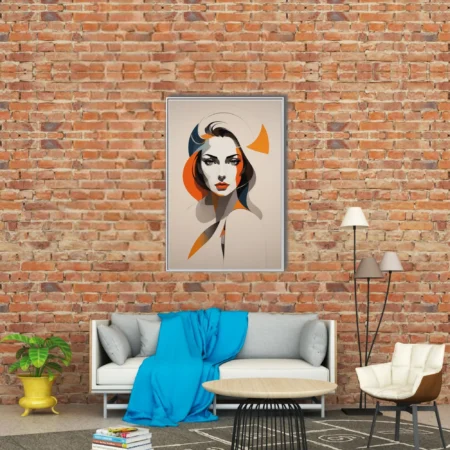 Mid-century modern abstract woman portrait, orange teal geometric graphic illustration