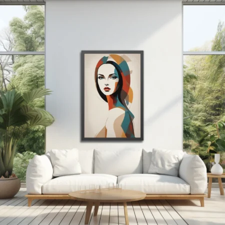 Abstract geometric woman portrait in teal, rust and amber color blocks