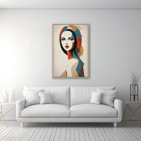 Abstract geometric woman portrait in teal, rust and amber color blocks