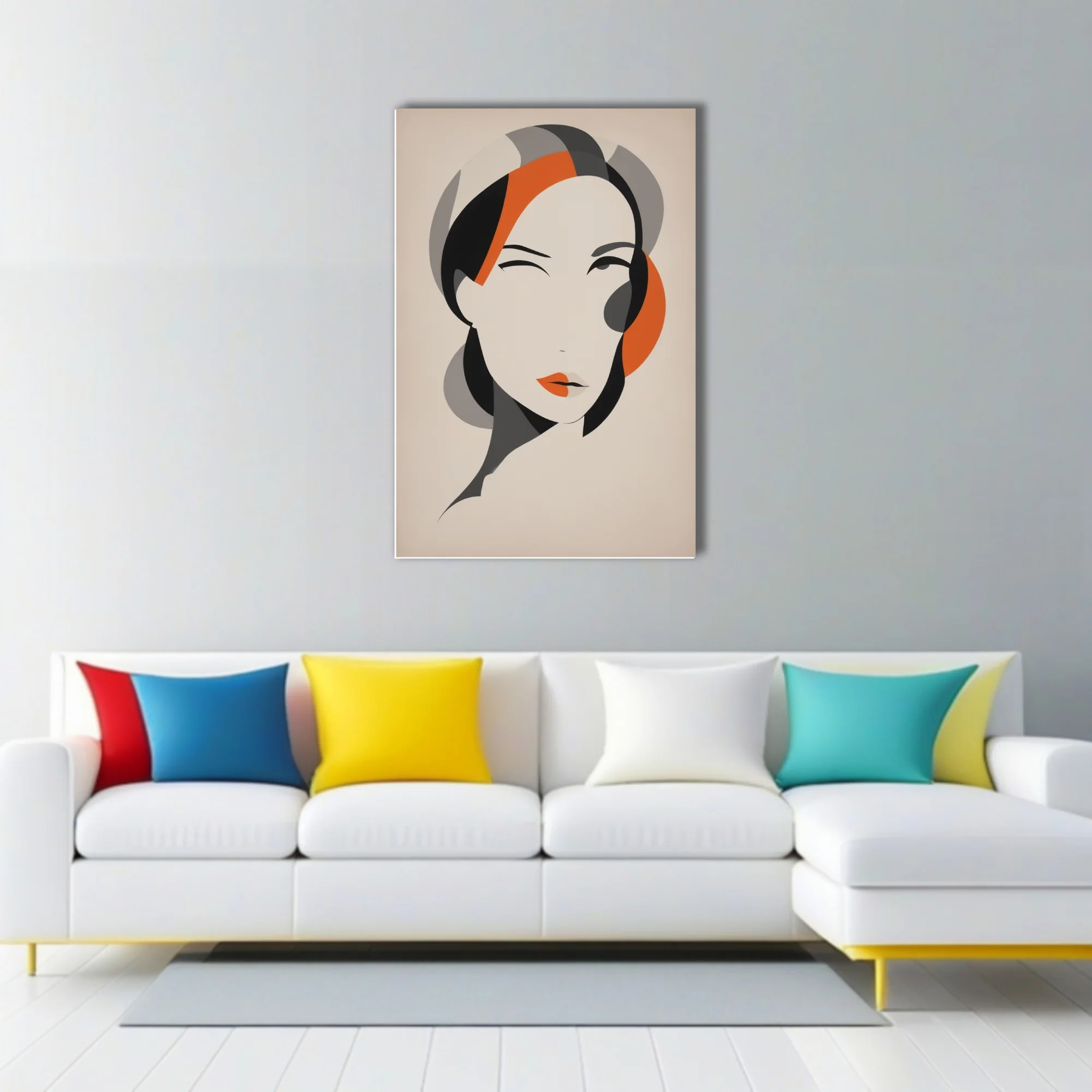 Abstract female portrait, ivory and orange geometric flat graphic style