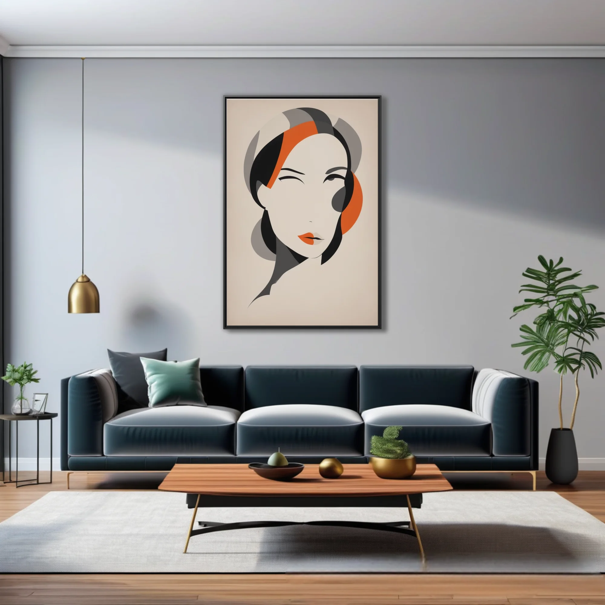 Abstract female portrait, ivory and orange geometric flat graphic style