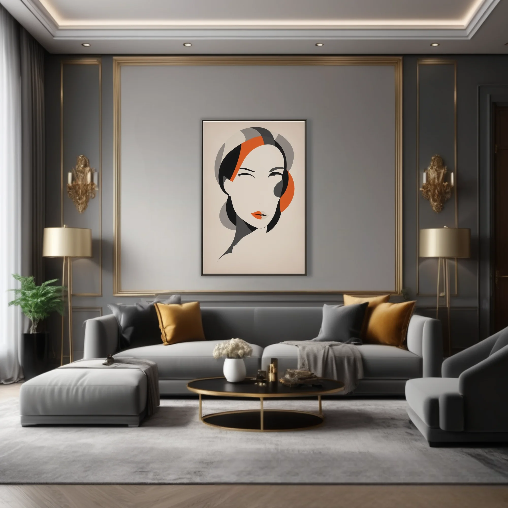 Abstract female portrait, ivory and orange geometric flat graphic style