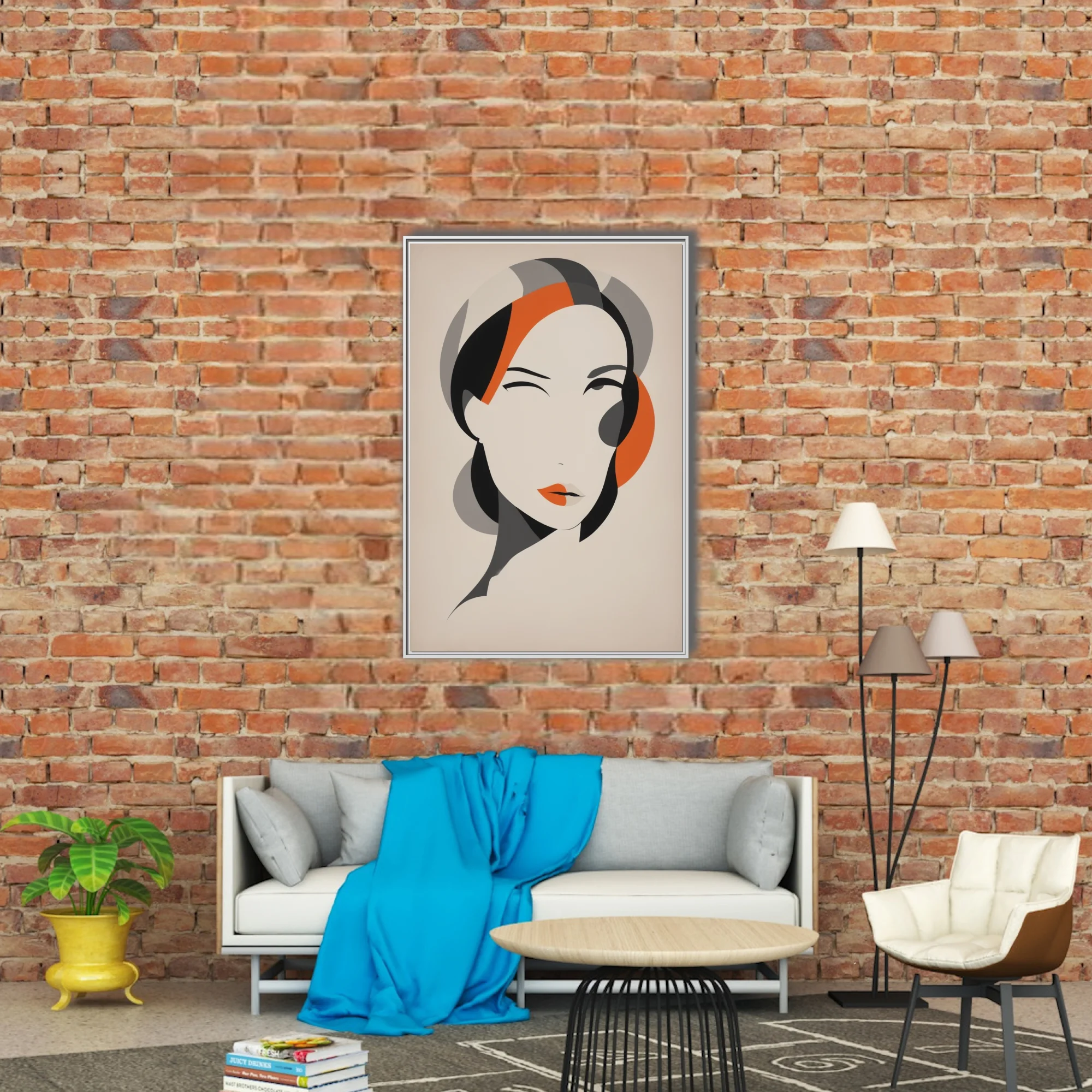 Abstract female portrait, ivory and orange geometric flat graphic style