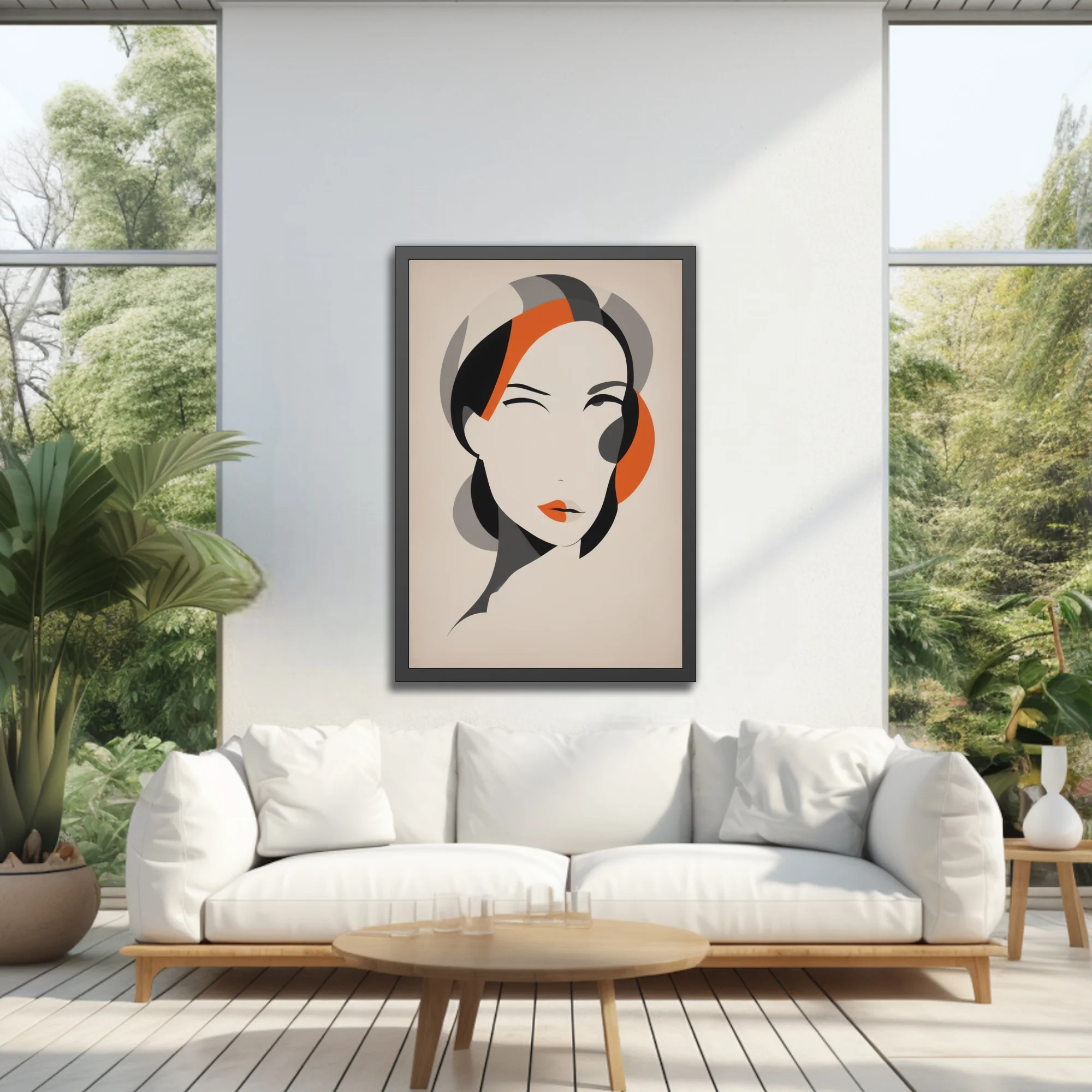 Abstract female portrait, ivory and orange geometric flat graphic style
