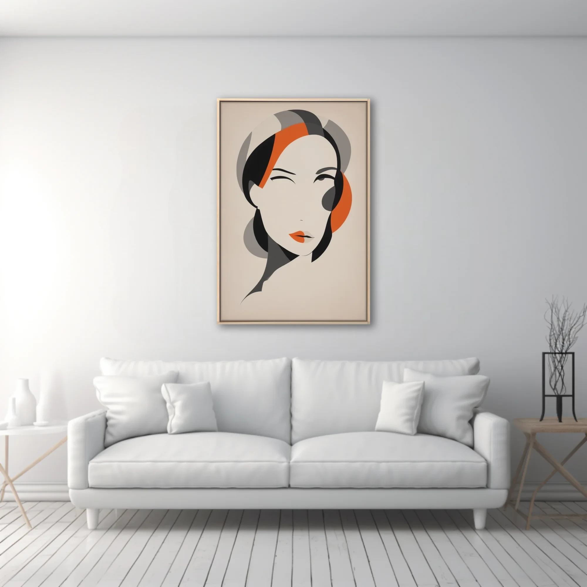 Abstract female portrait, ivory and orange geometric flat graphic style