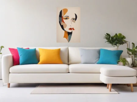 Abstract woman portrait, geometric color blocks, amber and red tones
