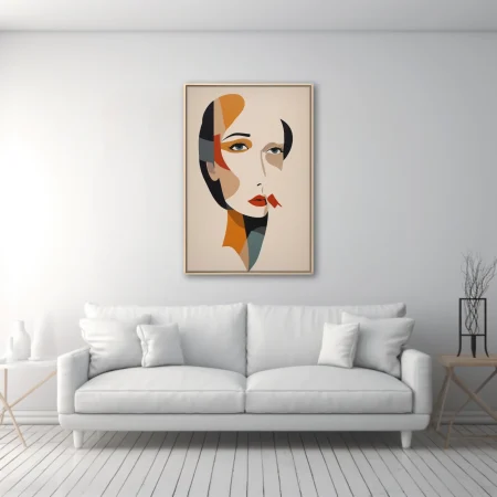 Abstract woman portrait, geometric color blocks, amber and red tones
