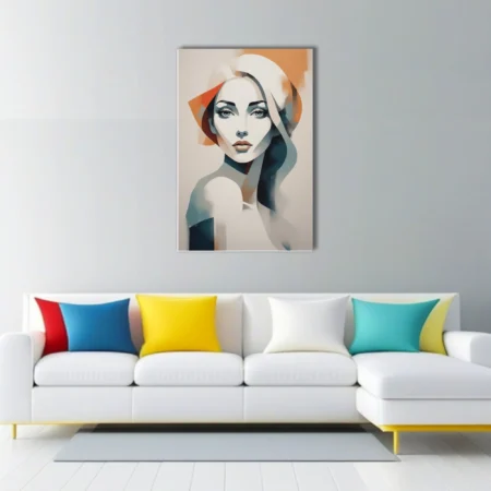 Abstract geometric female portrait in teal, ivory, and terracotta tones