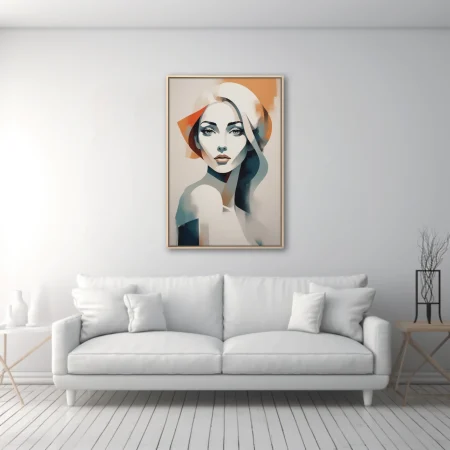 Abstract geometric female portrait in teal, ivory, and terracotta tones