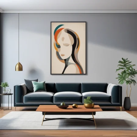 Mid-century modern abstract woman portrait with teal, orange, and amber color bands
