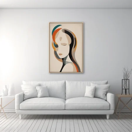 Mid-century modern abstract woman portrait with teal, orange, and amber color bands