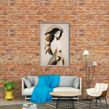 Abstract mid-century modern female portrait, flowing dark hair, earthy tones, red lips