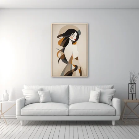 Abstract mid-century modern female portrait, flowing dark hair, earthy tones, red lips