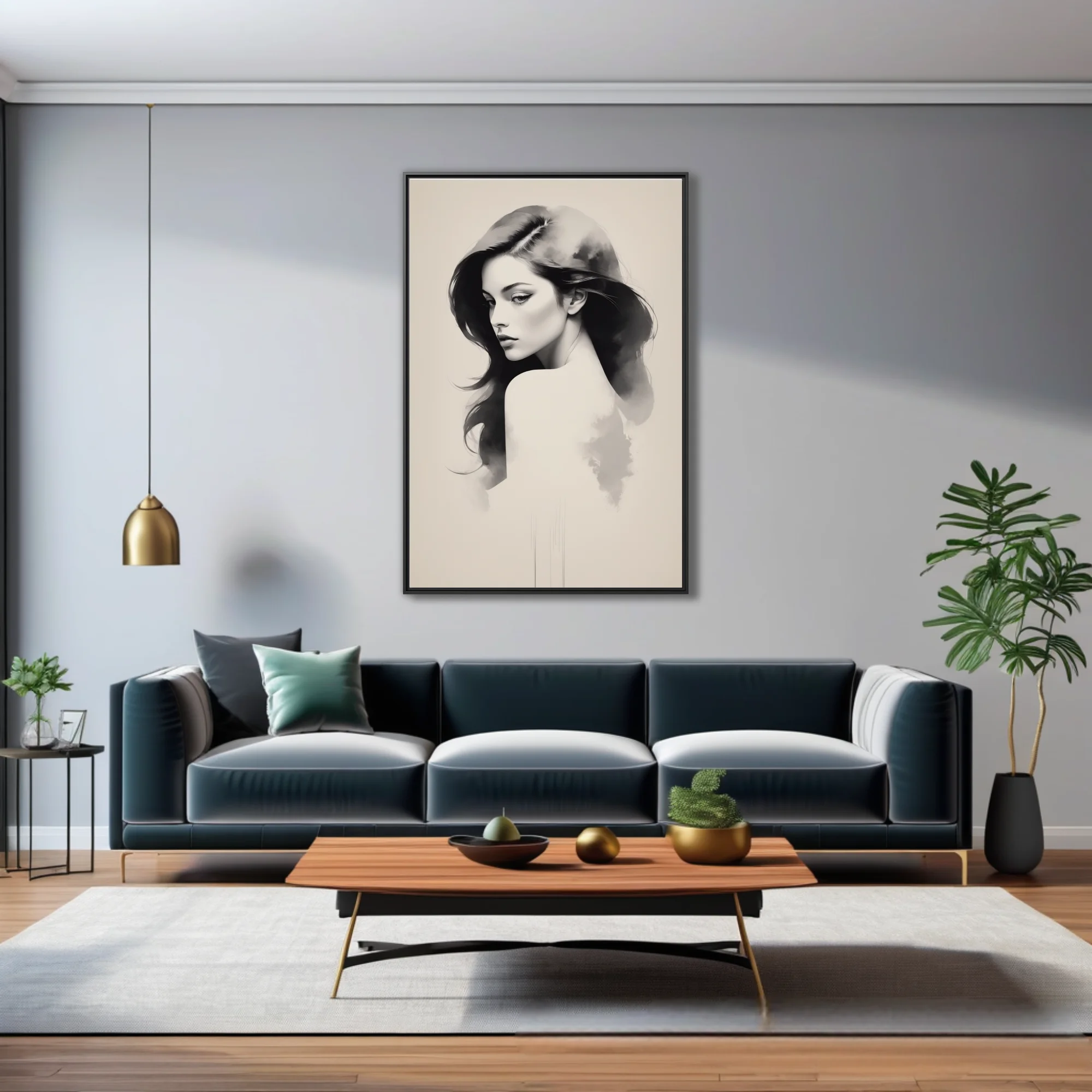 Minimalist ink-wash-style woman portrait, black and grey dissolving into mist