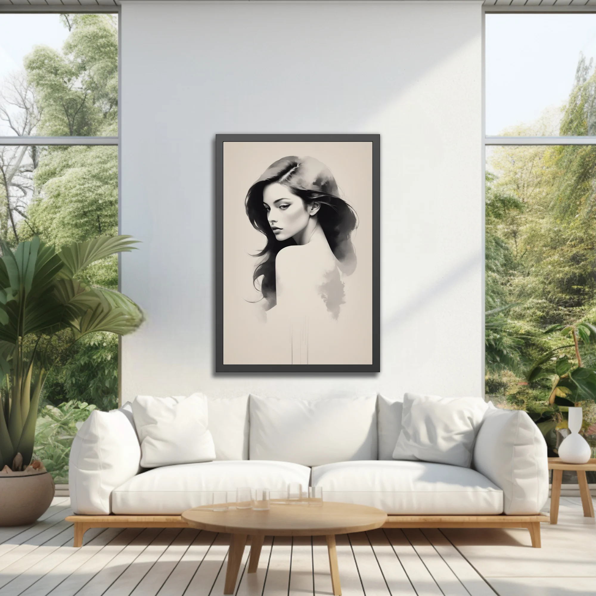 Minimalist ink-wash-style woman portrait, black and grey dissolving into mist