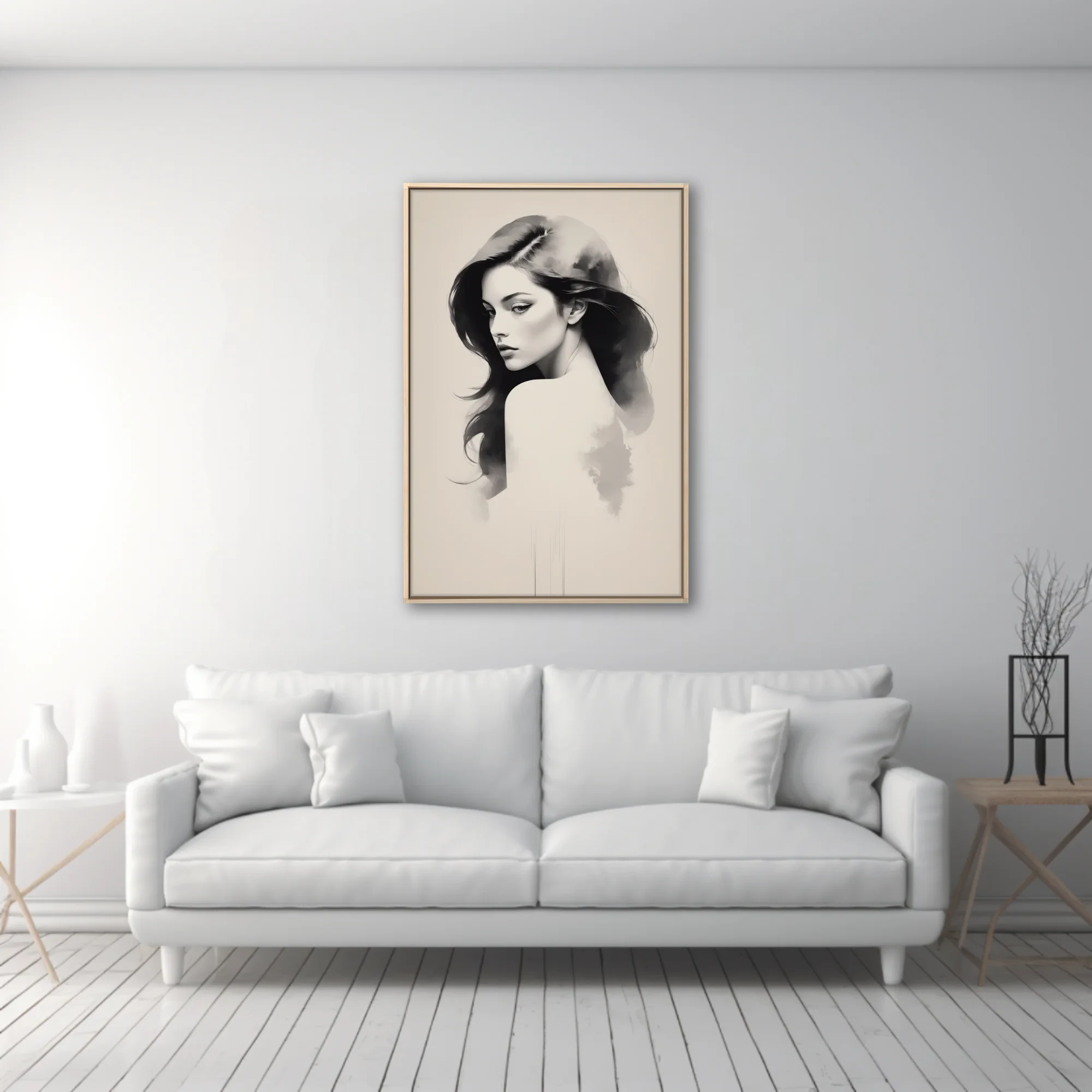 Minimalist ink-wash-style woman portrait, black and grey dissolving into mist