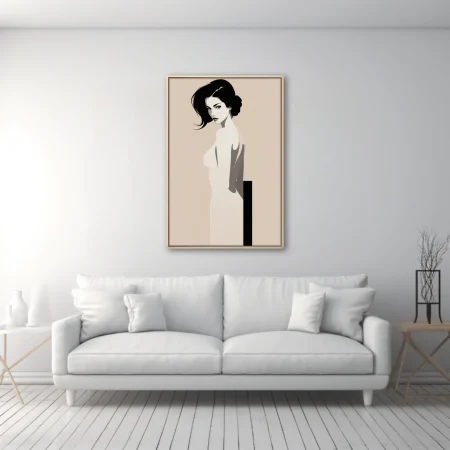 Minimalist ink-style female figure portrait, monochrome on warm beige ground