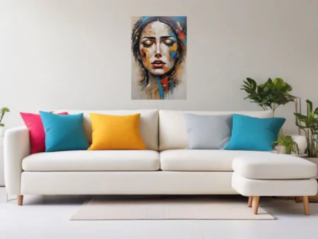 Expressive woman portrait with closed eyes, bold cobalt, ochre, crimson art