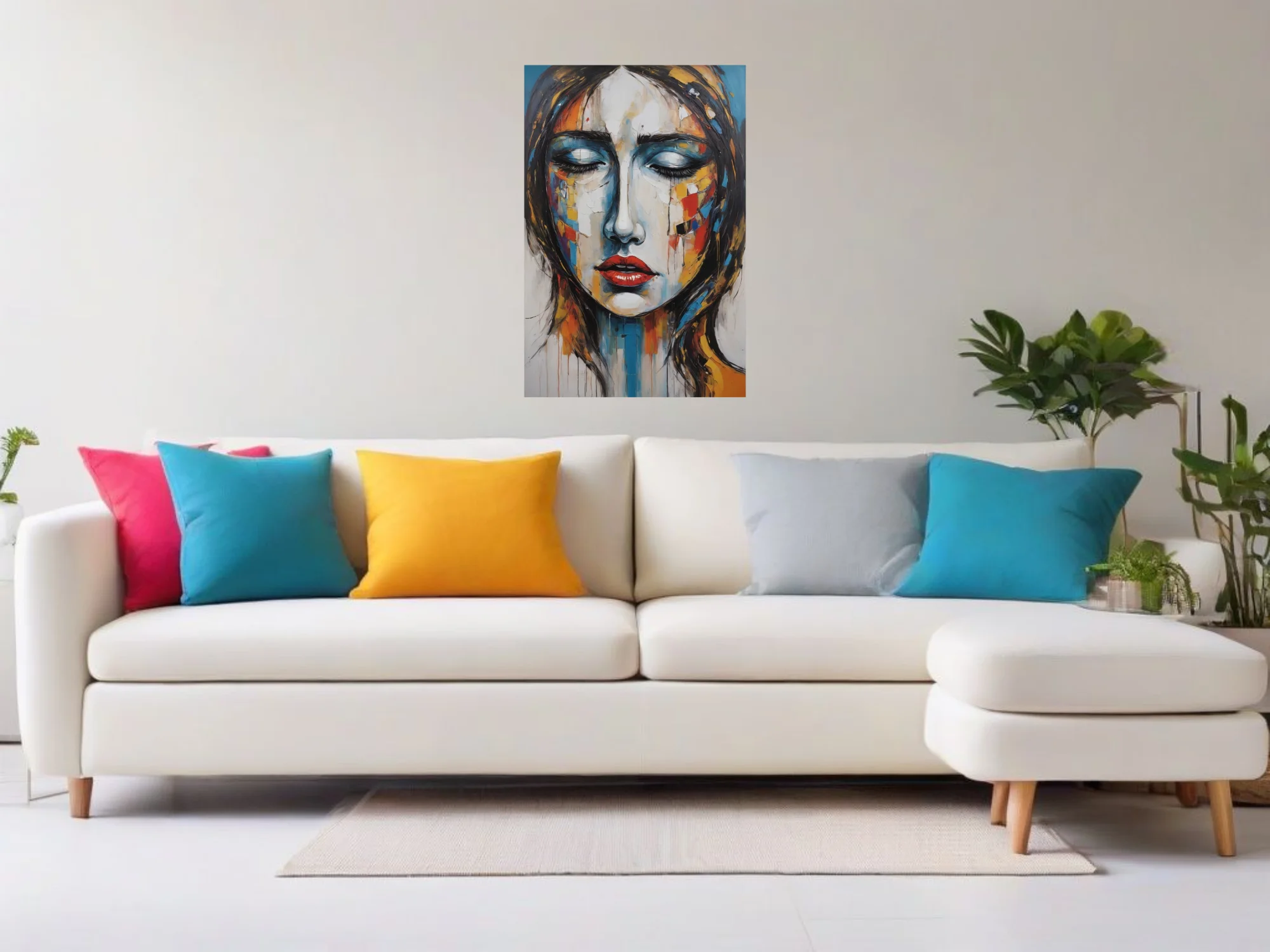 Expressive woman portrait in cobalt, crimson, and ochre with and gestural drips