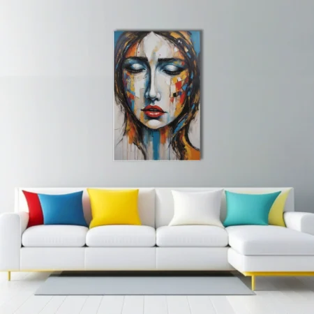 Expressive woman portrait in cobalt, crimson, and ochre with and gestural drips