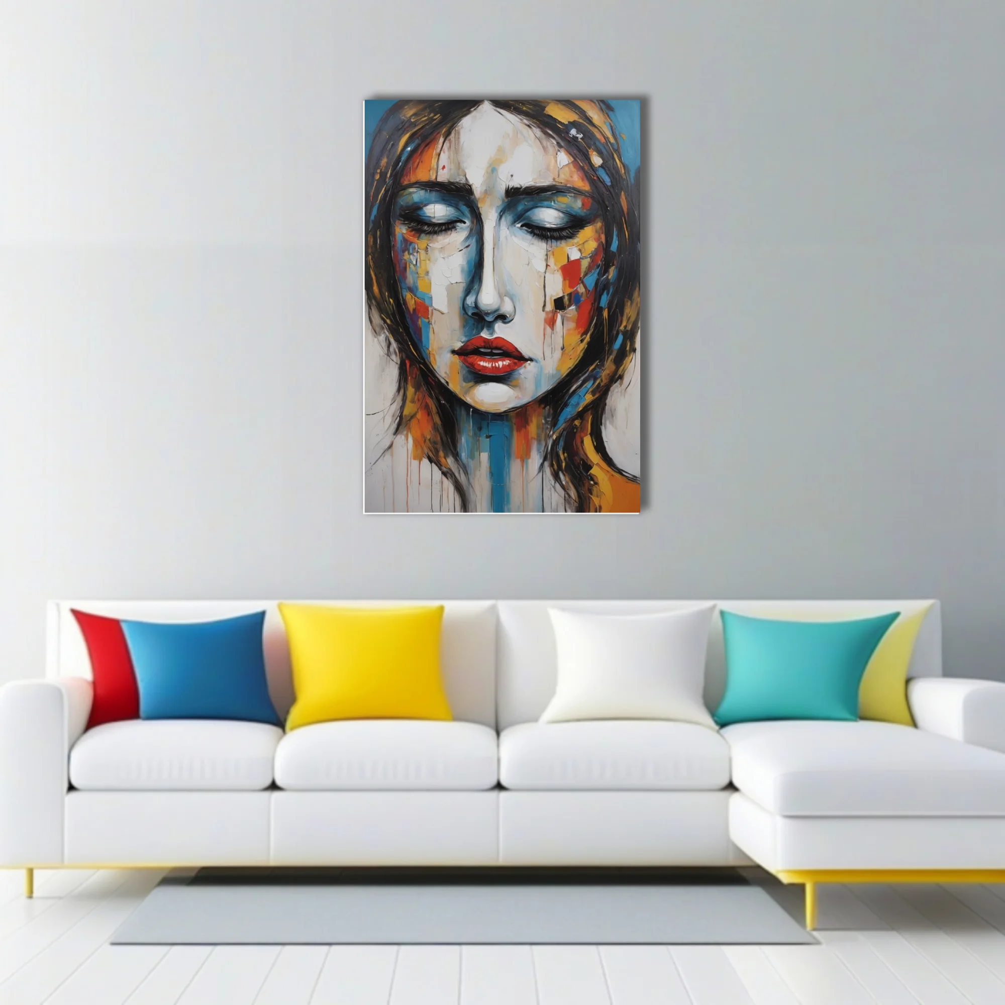 Expressive woman portrait in cobalt, crimson, and ochre with and gestural drips