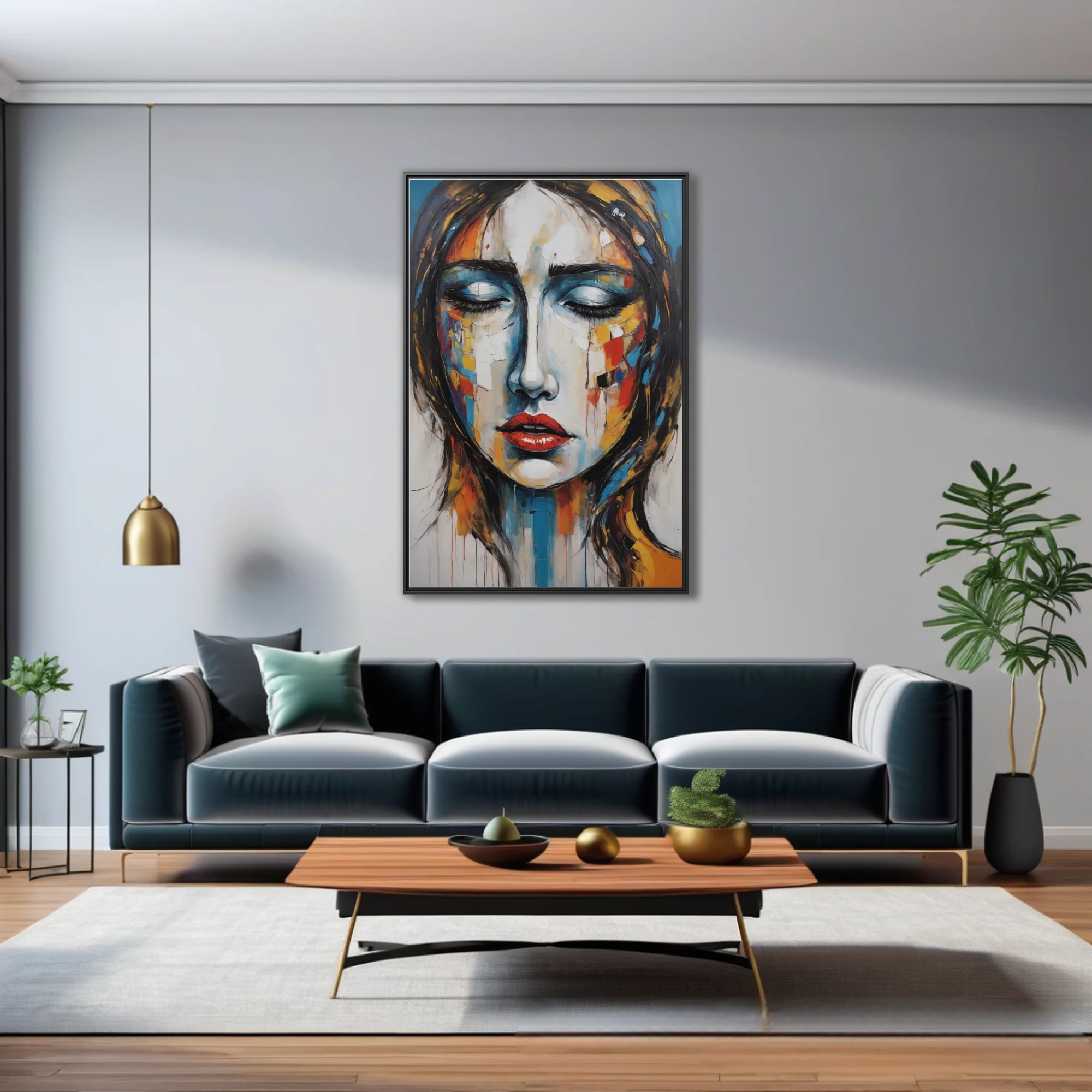 Expressive woman portrait in cobalt, crimson, and ochre with and gestural drips