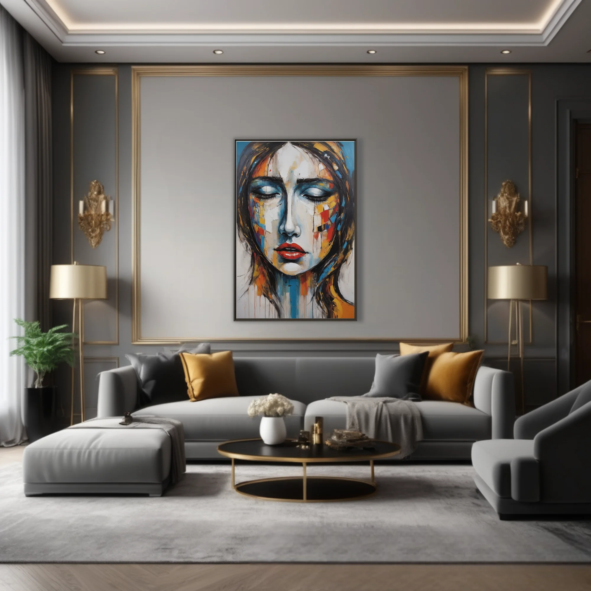 Expressive woman portrait in cobalt, crimson, and ochre with and gestural drips