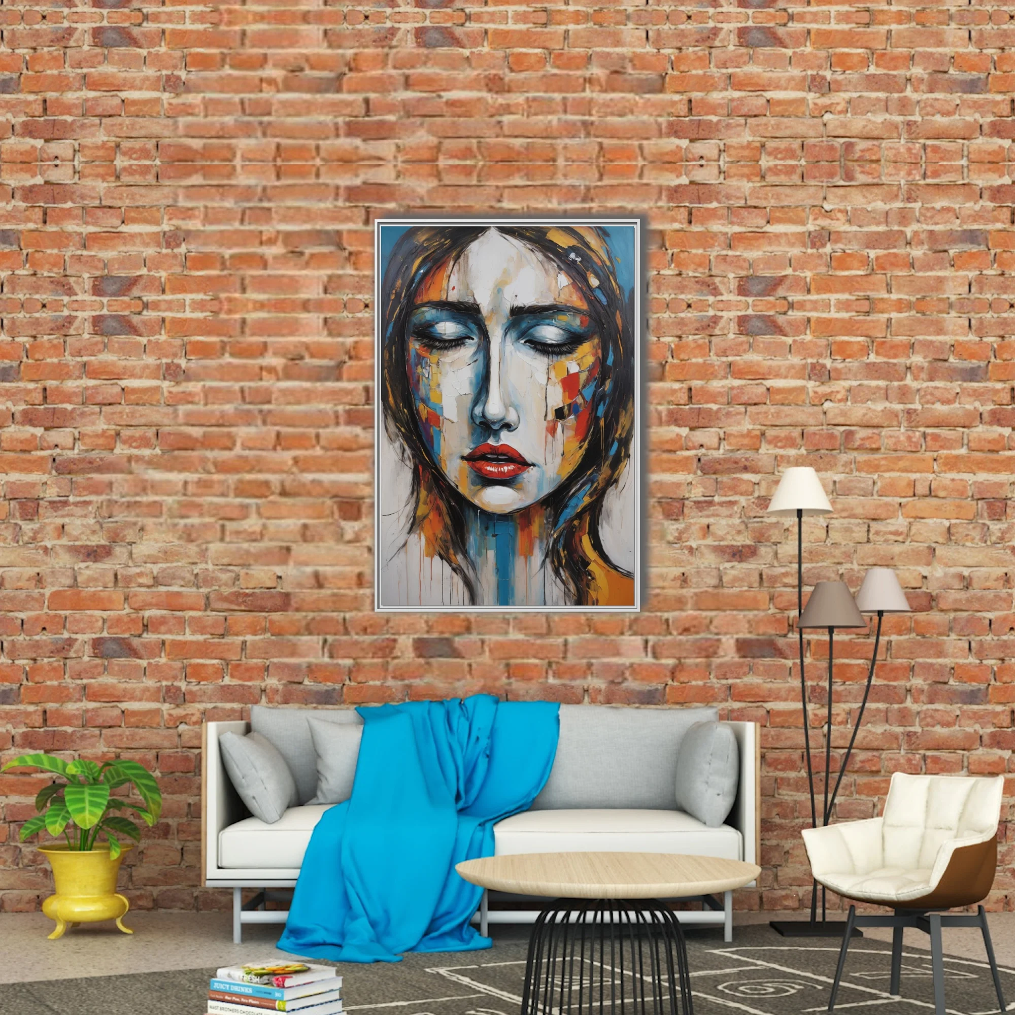 Expressive woman portrait in cobalt, crimson, and ochre with and gestural drips