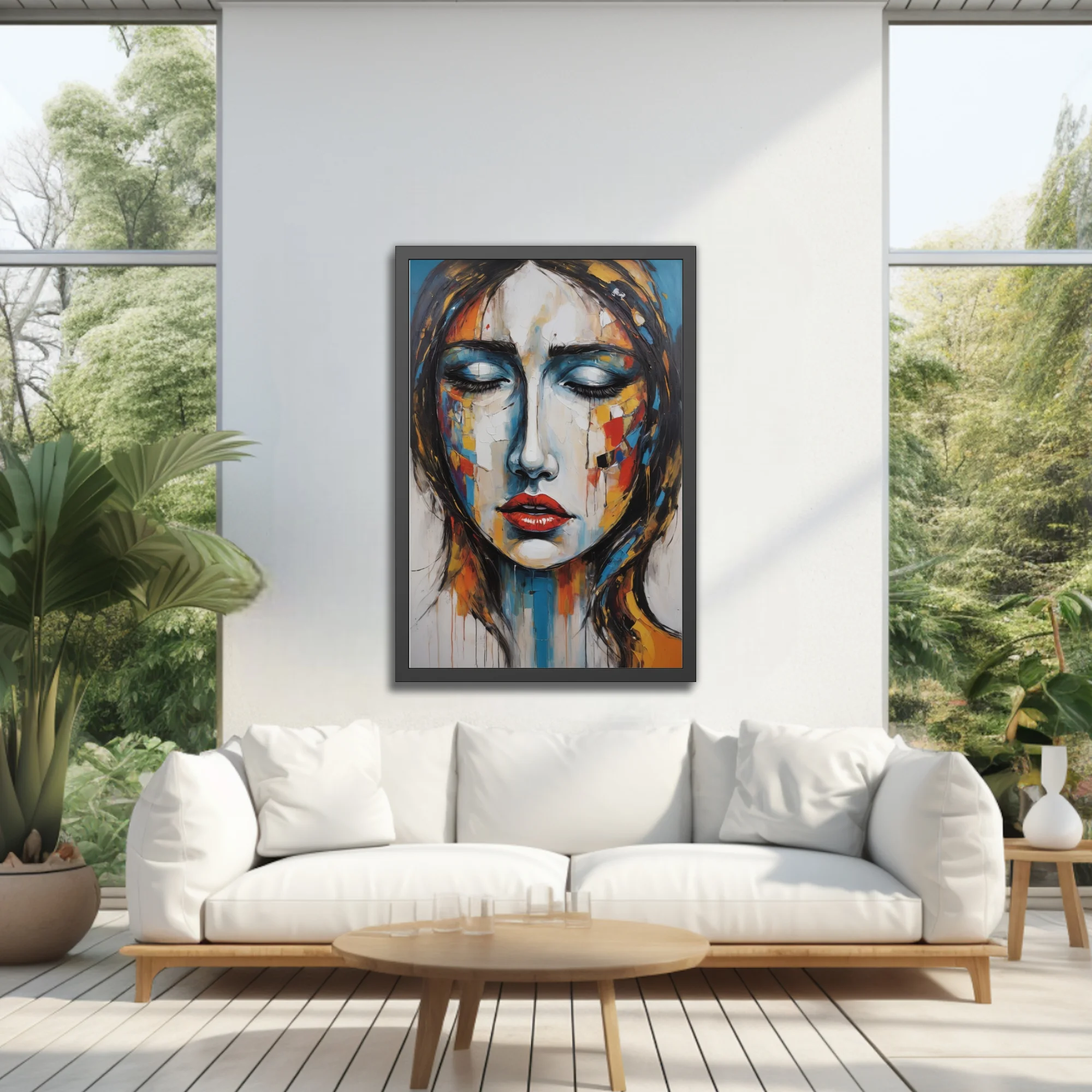 Expressive woman portrait in cobalt, crimson, and ochre with and gestural drips