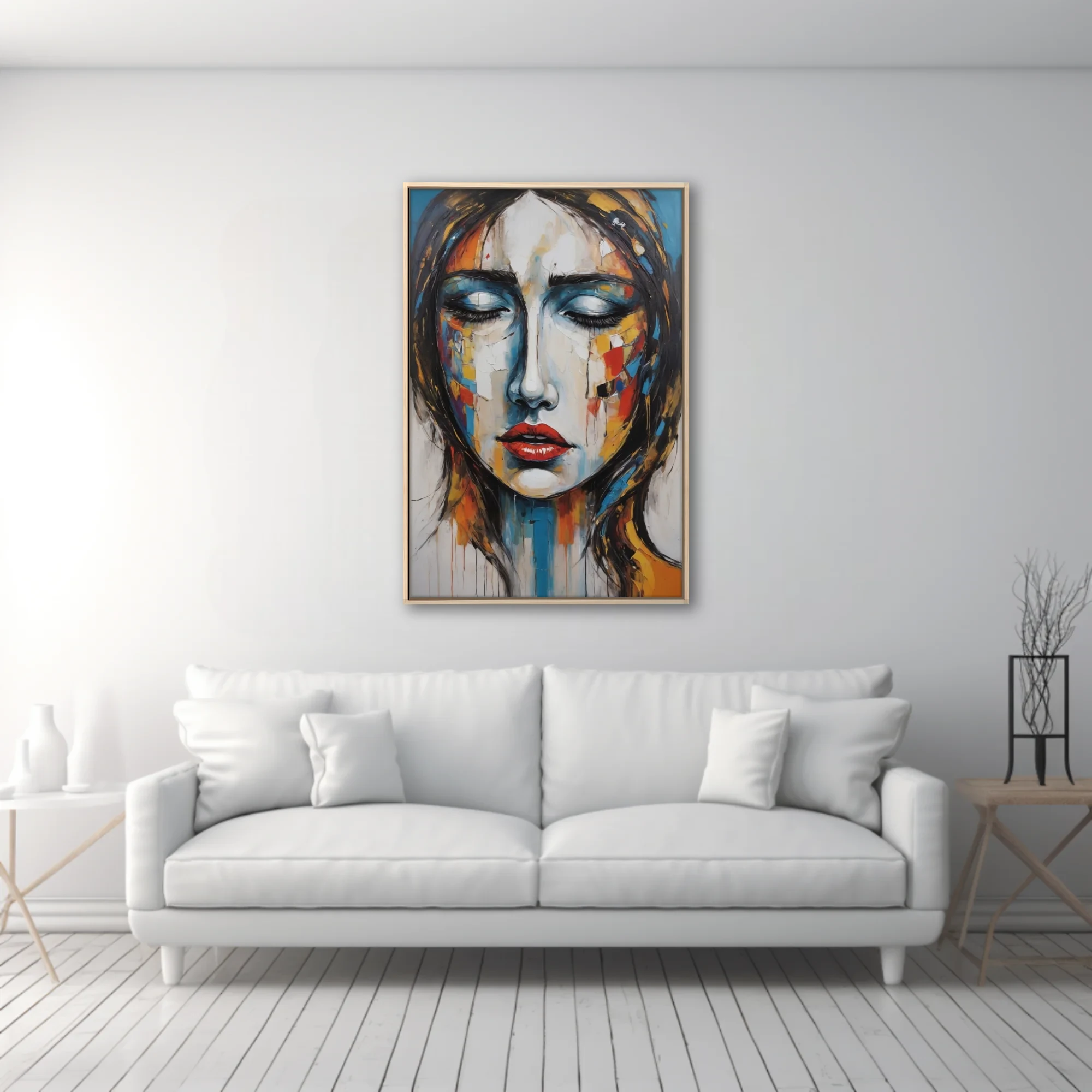 Expressive woman portrait in cobalt, crimson, and ochre with and gestural drips