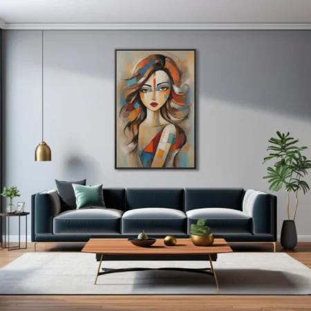 Abstract woman portrait in teal, orange, and red geometric blocks